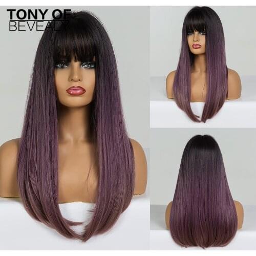 Long Straight Black to Purple Ombre Hair With Bangs Heat Resistant Synthetic Wigs for Black Woman Cosplay Natural Hair Wigs