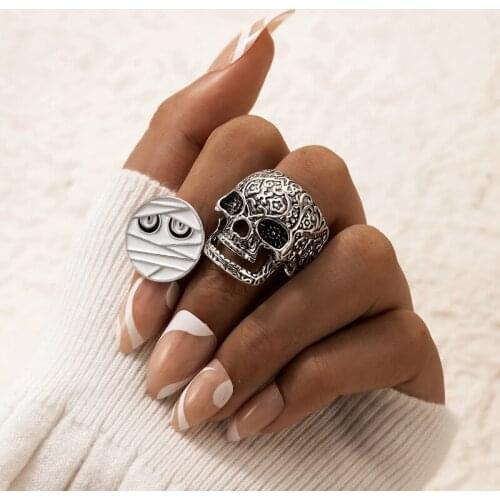 Docona 2pcs/set Gothic Ghost Skull Ring Set for Women Men Punk Silver Color Geometry Alloy Metal Halloween Party Jewelry 20561