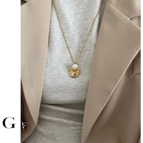 GHIDBK Bohemian Natural Freshwater Pearls Hammered Irregular Pendant Chokers Necklaces Dainty Stainless Steel Jewelry Wholesale