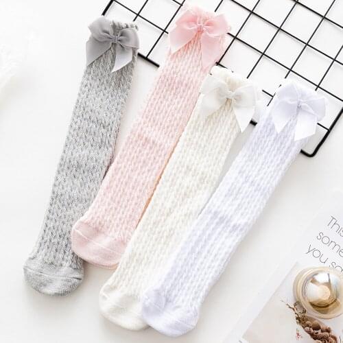 1-10Years Cotton Lace White Knee Socks Infant Baby Big Bow Thin Mesh Breathable Toddler Girls Stocking Newborn Boys Solid Socks