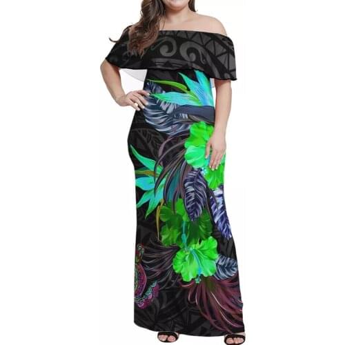 Hycool Ruffle Design Off-Shoulder Dress Polynesian Tribal Fashion Pattern Casual Summer Hot Style Ladies Plus Size Sundress 2021