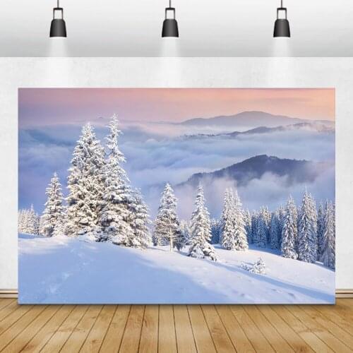 Laeacco Winter Scenery Photography Backdrops Cloudy Mountains Pine Trees Snow Baby Portrait Photo Backgrounds Photophone Studio