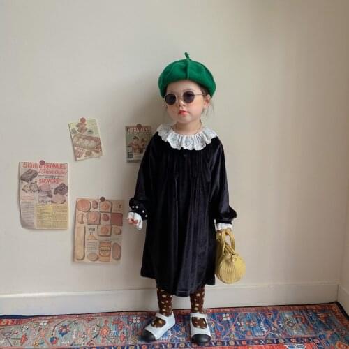 2021 Hot-selling Autumn New Style Girls Lace Collar Solid Color One-piece Dress Childrens Western-style Treasure Treasure Skirt