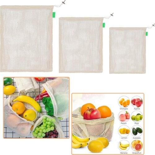 3Pcs Reusable Produce Bags Organic Cotton Mesh Bags Grocery Shopping Kitchen Vegetable Fruits Storage Biodegradable Eco-Friendly