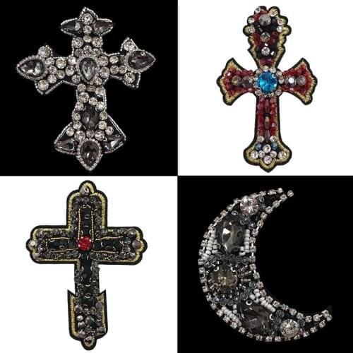 Fashion Cross Moon Rhinestone Beaded Patches for Clothes Sew on Sequin Parch Badge Applique Embroidered Parches