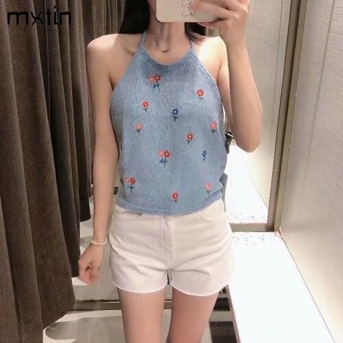 MXTIN 2021 Women Summer Fashion Embroidery Cropped Knitted Tank Tops Vintage Sleeveless Backless Thin Straps Female Chic Tops