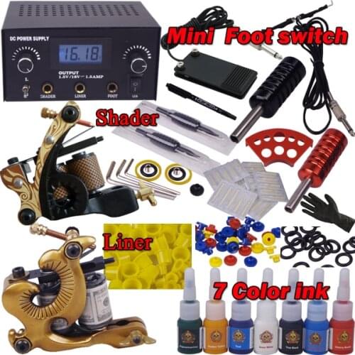 Tattoo Machine Kit 2 Gun 20 Colors Ink Needles Led Power Supply Grip Practice Skin Permanent Makeup Pen Set for Shader and Liner