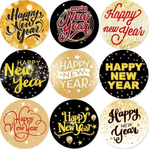 500PCS Happy New Year Sticker Gold Glitter Labels Gift Cards Decoration