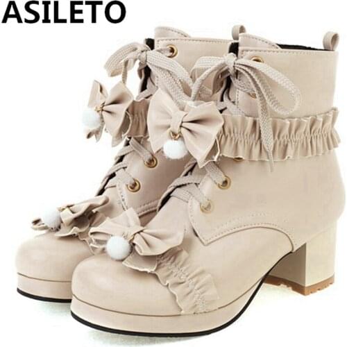 ASILETO Lolita Autumn Winter Ankle Short Boots Round toe Chunky Heels Zip Lace Up Bow Ladylike Small Size 30-43 Cosplay S2475