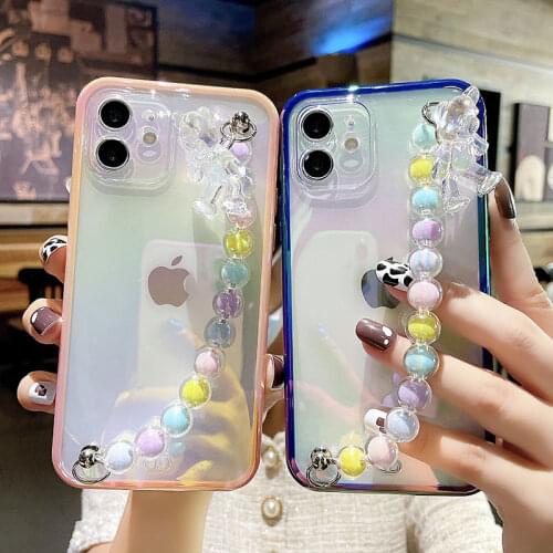 Candy Color Laser Wrist Strap Cute Bear Phone Case For iPhone 11 12 Pro Max X XR XS Max 7 8 Plus Shockproof Soft Silicone Cover