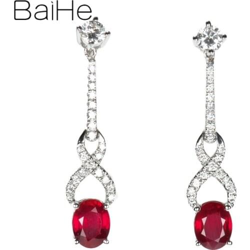 BAIHE Genuine Solid 14K White Gold Ruby Diamond Stud Earring Aesthetic Long Trendy Earrings Women Fine Jewelry Engagement серьги