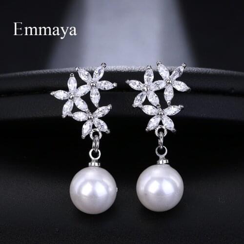 Emmaya Brand Elegant Cubic Zircon Flower Stud Earrings Simulated Pearl Earrings For Women Bridals Wedding Party Jewelry