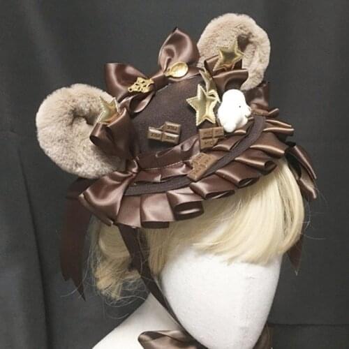 Sweet Lolita Ribbon Bowknot Mini Top Hat Cute Cartoon Plush Bear Ears Headdress Anime Kawaii Cosplay Hair Accessories