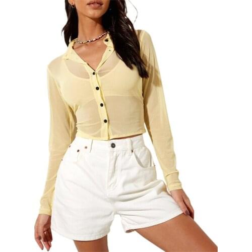 Women Solid Color Shirt Summer Turn-Down Collar Long Sleeve See-Through Tops for Adults Black/Orange/Green/Blue/Khaki/Yellow