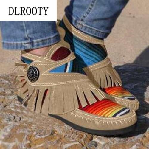 Women Boots Autumn Fashion Flat Shoes Dress Fringe Ladies Party Female Round Toe Casual Colorful Comfortable Plus Size 35-43