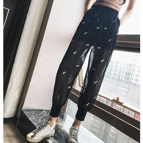 Women Joggers Patchwork Mesh Sweatpants Spring Summer Thin Loose Trousers High Waist Harem Pants Female Embroidery Crop Pants