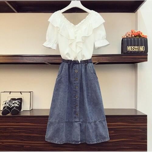 Fashion summer V neck shirt two piece set street style large size women pullover shirt top and casual high waist denim skirt sui