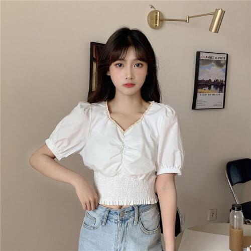 Women Blouse Puff Sleeve V-neck Lace Stitching 2021 Summer Short Sleeve Top For Women Blusas Mujer De Moda