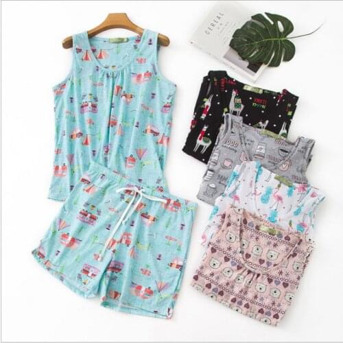 Comfortable Women Casual pajama sets Female 100% Cotton Sleepwear suit Ladies V-neck collar Sleeveless Vest shirt + Shorts XXL