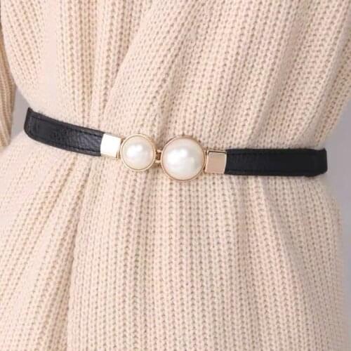 Women Double Pearl Belt PU Leather Dress Skirt Waist Elastic Thin Belts Ladies Waistband