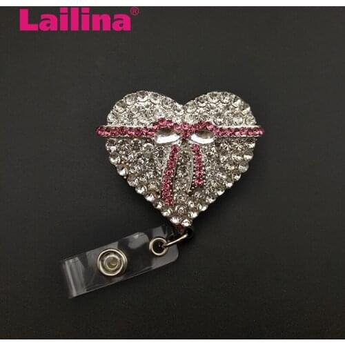 10pcs/lot Clear Heart Pink Bow Rhinestone Nurse Retractable Badge Reel/ ID Badge Holder