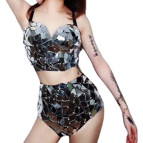 Sparky Diamond Sequin Sleeveless Halter Bra Shorts Women Bikini Shinny Rhinestone Denim Jacket Stage Wear Jazz Dance Costume