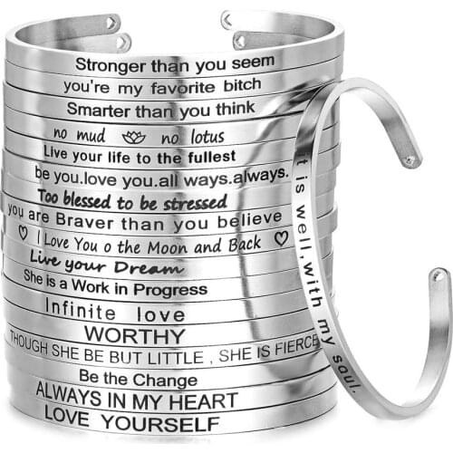 4mm Silver Quotes Mantra Bracelets 316L Stainless Steel Open Cuff Bangle Fashion Female Inspirational Jewelry Bracelets SL-149