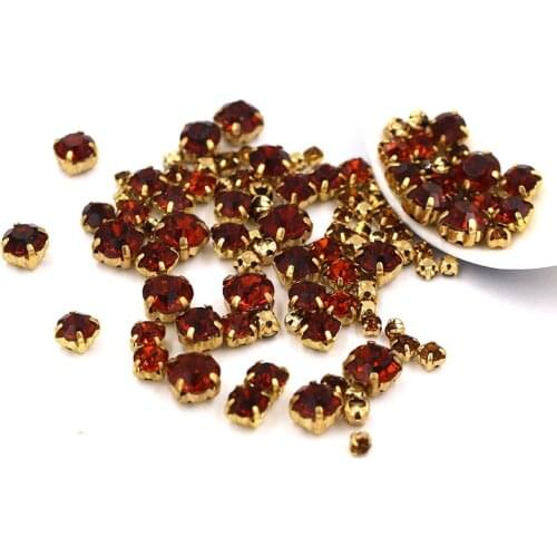 New 100pcs/bag Mixed size Smoke yellow glass strass Clothing loose beads gold base sewing Crystal rhinestones diy Wedding dress
