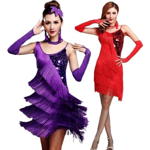 Red Latin Dance Costumes Women Salsa Dancewear Dance Costume Dresses Ballroom Competition Dresses Tango Adult Fringe Gold Sequin