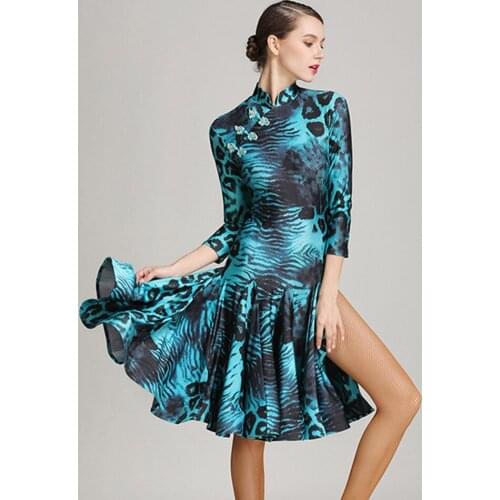 2021 New GB042 Printed Lotus Design Half Sleeve Latin Dance Dress Women Performance Modern Dance Dress Latino Dancewear
