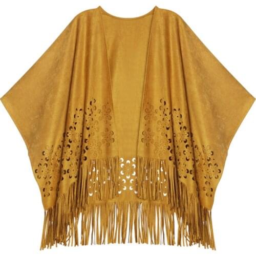 2021 New Tassel Suede Loose Thin Coat Warm Shawl Hollow Cardigan Top Open Stitch flower jacket women