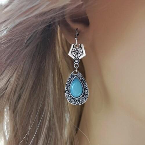 New Bohemian Drop-Shaped Opal Pendant Earrings For Women Vintage Jewelry Exaggerated Five-Edged Flower Carving Antique Earrings