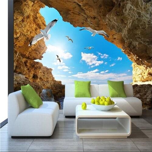 Beibehang Custom Wallpaper 3d Art Background Photography Ocean Reef Rock Cave Seagull Bedroom Mural Living Room