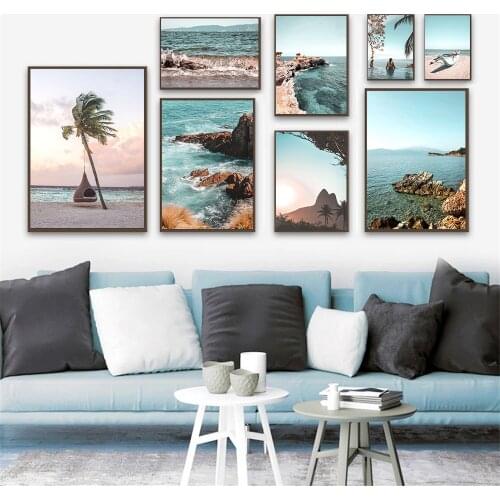 Beach Boat Coconut Tree Poster Ocean Waves Wall Art Print Sea Landscape Canvas Painting Nordic Wall Pictures Living Room Decor