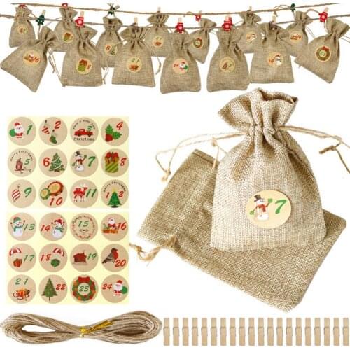 Christmas Countdown Calendar Bags 24 Days Calendar Candy Bag Drawstring Pouch Cotton Linen Gift Bag Christmas Party Supplies