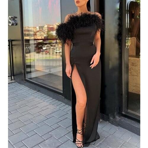 Sexy Black Evening Dresses 2020 Side Split Fur One Shoulder Sheath Prom Party Dress Long Formal Gowns Vestido De Festa