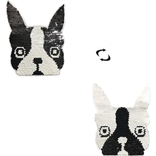 ShinEquin Dog head flip the double sided Patches for clothing Diy Reversible change color sequins Animal Patch T-shirt Stickers