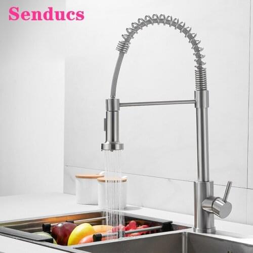Senducs Spring Kitchen Faucets with Pull Out Sprayer Brushed Nickel Kitchen Mixer Tap Quality Brass Hot Cold Kitchen Faucet