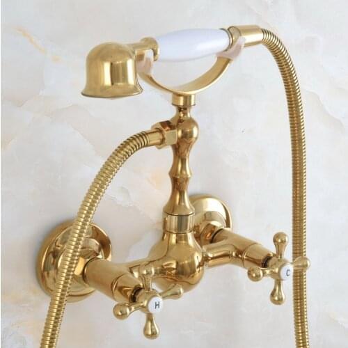 Contemporary Luxury Gold Color Brass Wall Mounted Bathtub Faucet with Handheld Shower Set +150CM Hose Mixer Tap 2na831