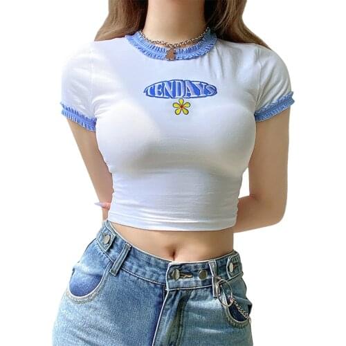 Women Casual Close-fitting Crop Tops White Letters and Floral Embroidery Pattern Round Collar T-shirt