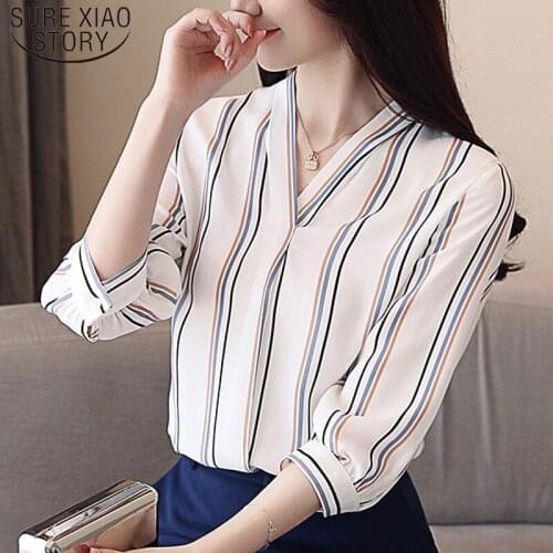 Fashion Slim Elegant Casual Autumn V-Neck Striped Chiffon Woman Clothes Fit Regular Print Woman Blouse 5115 50