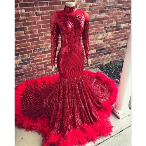 Red Mermaid Long Prom Dress 2020 Real Pictures Sparkly Sequin Feathers African Black Girl Long Sleeve Prom Dresses