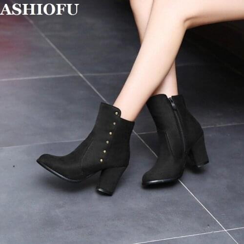 ASHIOFU Handmade Hot Sale Womens Chunky Heel Boots Comfortable Faux-suede Ankle Booties Large Size US5-US15 Fashion Short Boots