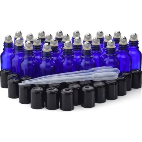 15ml Roller Bottles for Essential Oils Empty Blue Glass with Stainless Steel Metal Roll on Ball for Perfume Aromatherapy 24 Pack