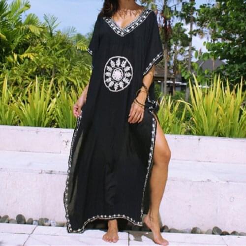 Black Embroderied Beach Dress Kaftan Pareo Sarongs Sexy Cover-Up Bikini Loose Tunic Swimsuit Swimwear Cover Ups Robe De Plage