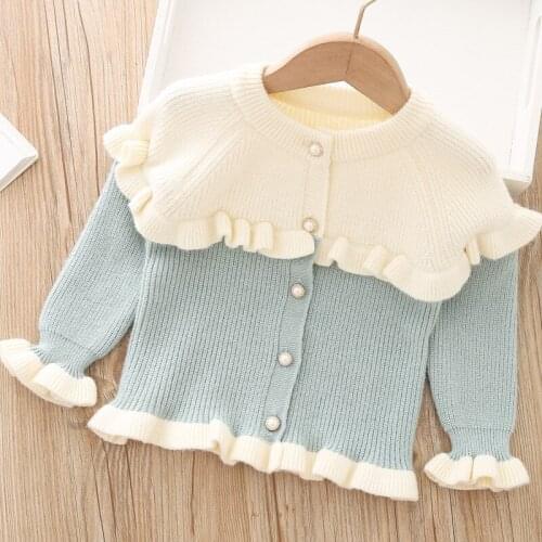 Girls ruffles two color patchwork knitted cardigan kids sweater wholesale kids clothing