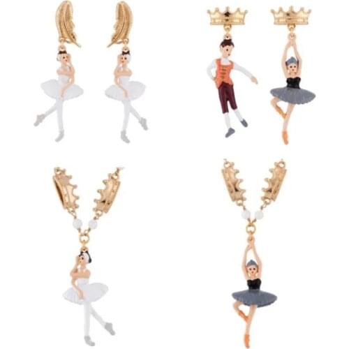 European and American Swan Lake Ballerina Jewelry Set Enamel Glaze Dancing Girl Asymmetrical Stud Earrings Ear Clip Necklace
