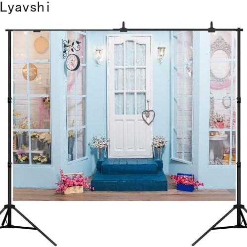 Lyavshi Photography backdrop flower shop wood door blue wall girl newborn baby birthday party Photo background