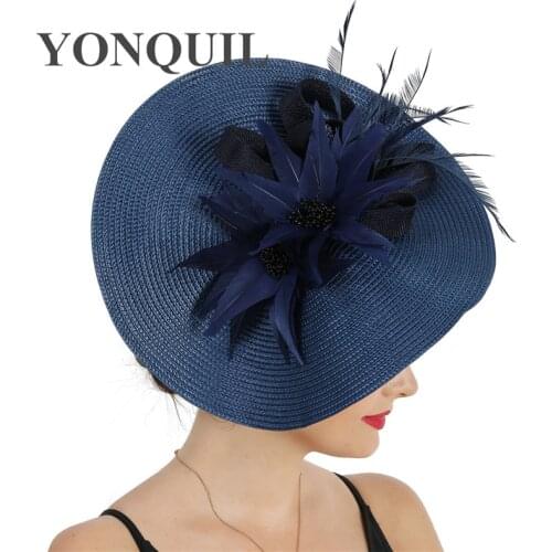 New Imitation Straw Fashion Headwear Wedding Big Fascinator Hat Navy Headpiece Hair Band Elegant Ladies Women Formal Occasion