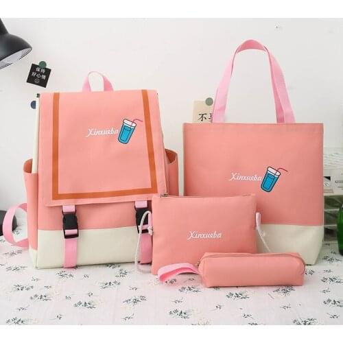 2021 New 4Pcs/set Canvas School Bag For Teenagers Girls Student High Quality Women Travel School Backpacks Female Book Bags 56